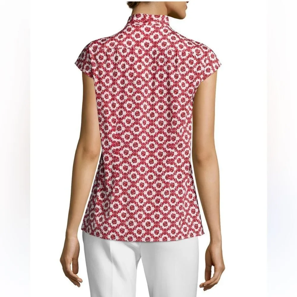 Tory Burch 10 Red White Pattern Cap Sleeve Neck Tie Silk Blouse